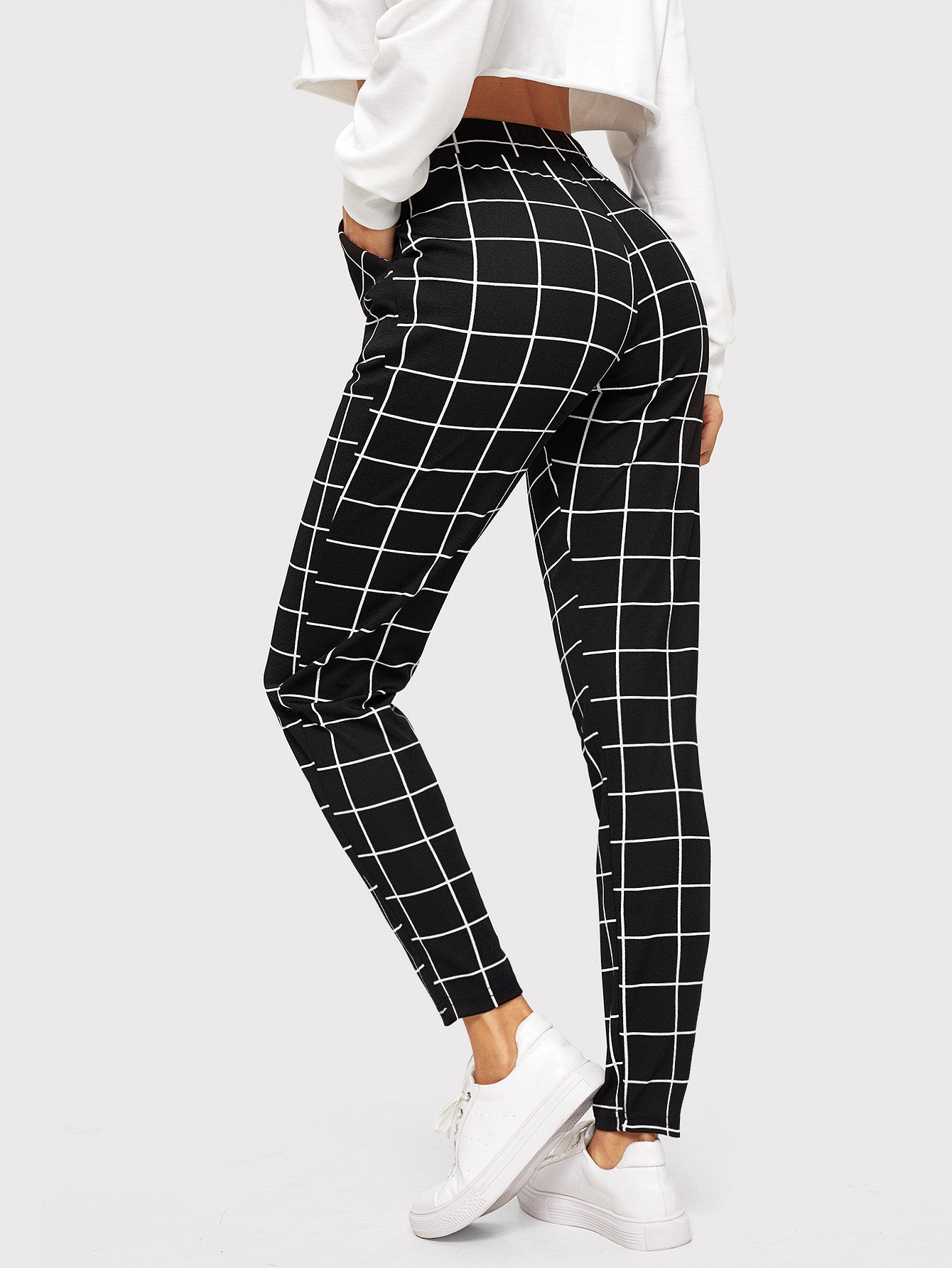 Essnce Elastic Waist Slant Pocket Grid Pants