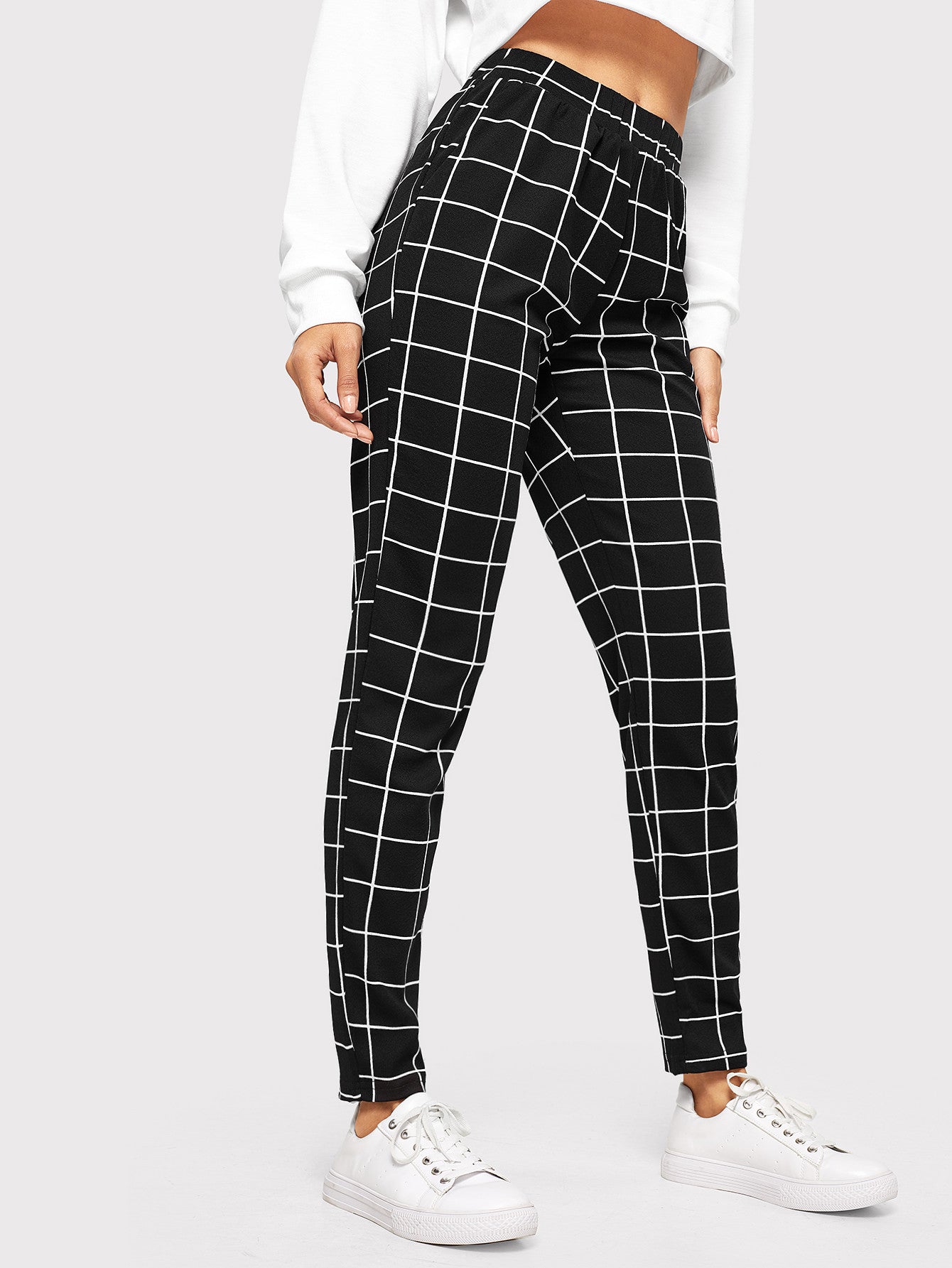 Essnce Elastic Waist Slant Pocket Grid Pants