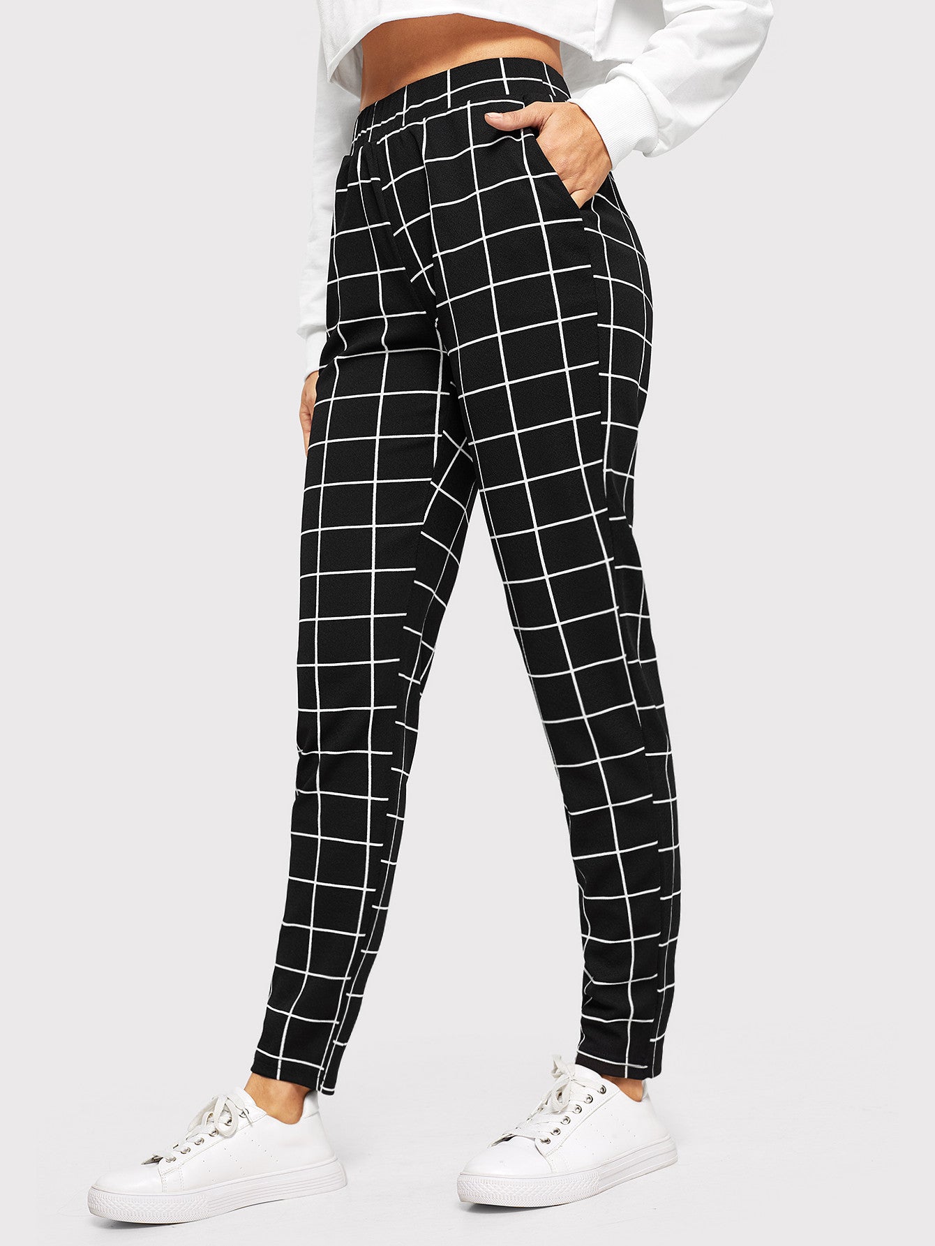 Essnce Elastic Waist Slant Pocket Grid Pants