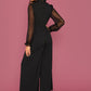 Modely Frill Trim Sheer Long Sleeve Black Elegant Wide Leg Jumpsuit