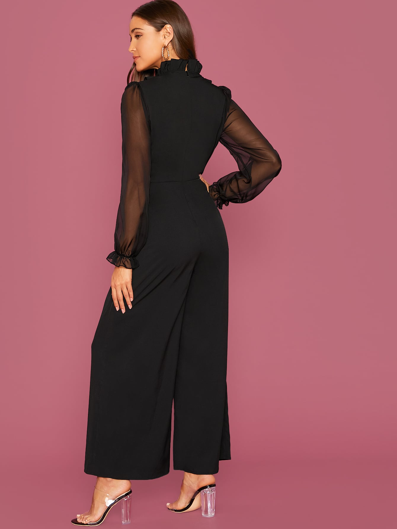 Modely Frill Trim Sheer Long Sleeve Black Elegant Wide Leg Jumpsuit