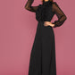 Modely Frill Trim Sheer Long Sleeve Black Elegant Wide Leg Jumpsuit