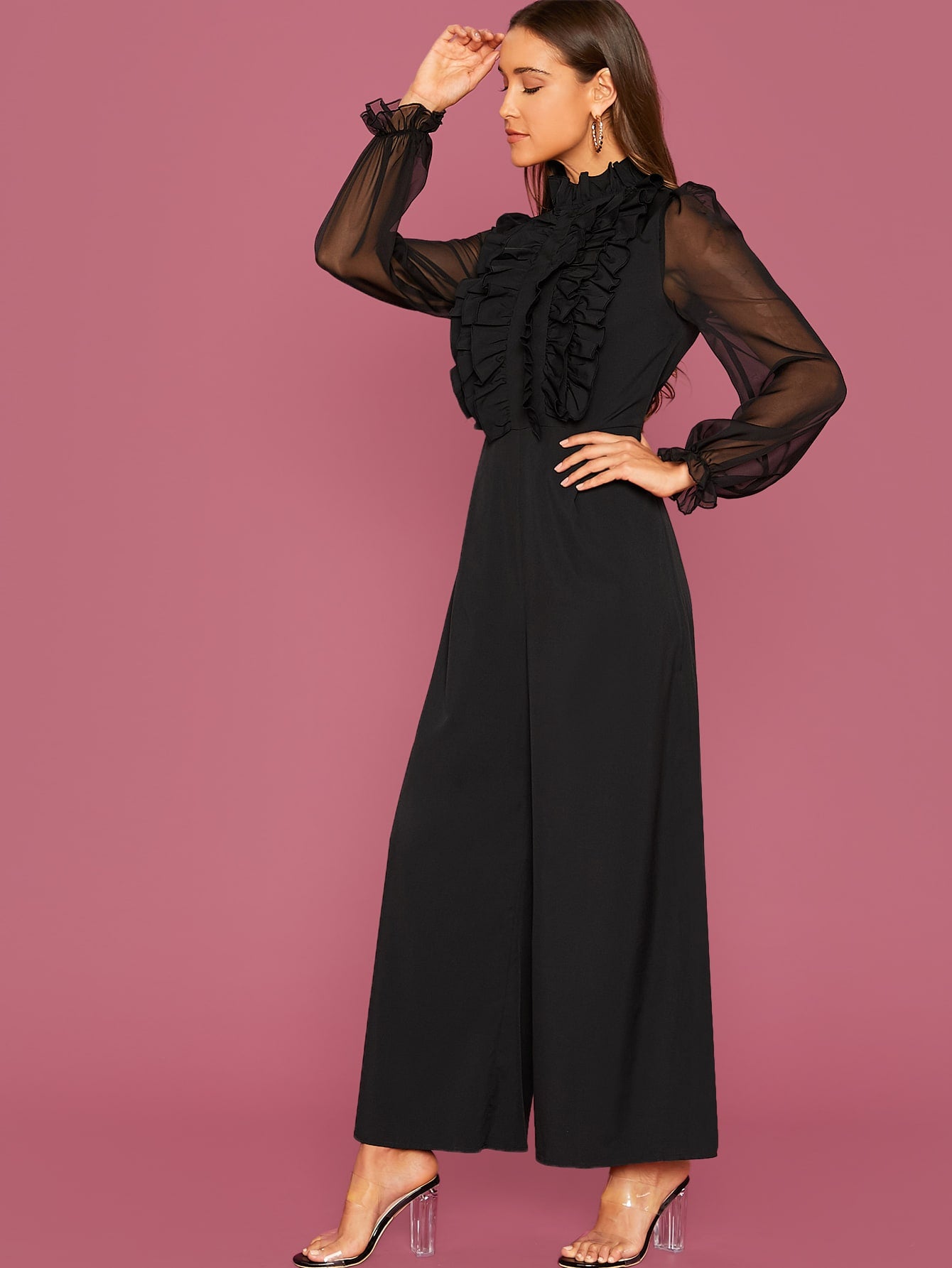 Modely Frill Trim Sheer Long Sleeve Black Elegant Wide Leg Jumpsuit