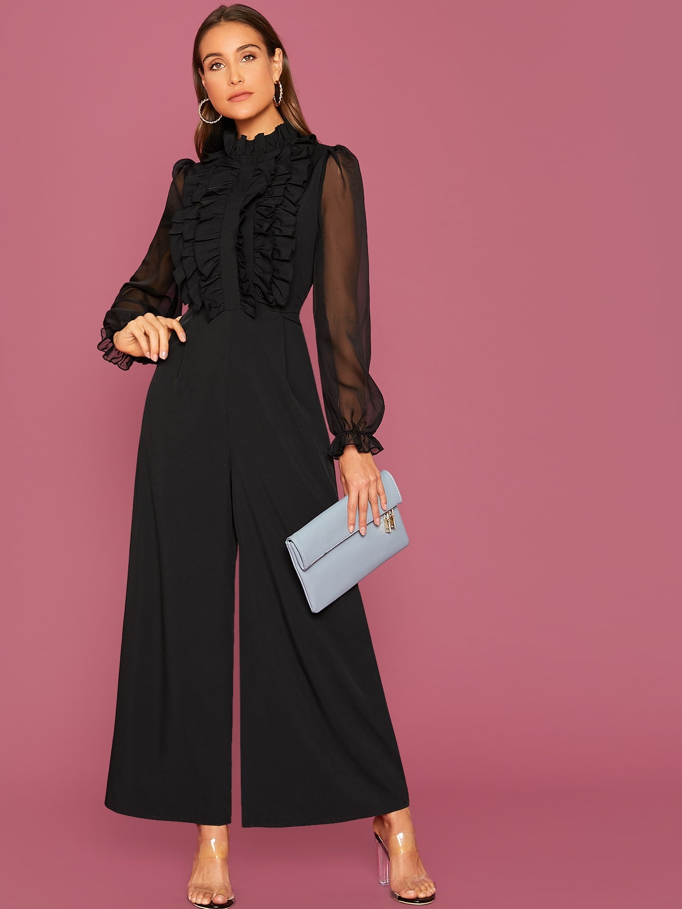 Modely Frill Trim Sheer Long Sleeve Black Elegant Wide Leg Jumpsuit