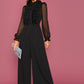 Modely Frill Trim Sheer Long Sleeve Black Elegant Wide Leg Jumpsuit