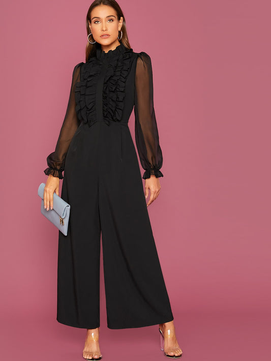 Modely Frill Trim Sheer Long Sleeve Black Elegant Wide Leg Jumpsuit