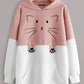 Mulvari Cat Print Pocket Front Two Tone Hoodie