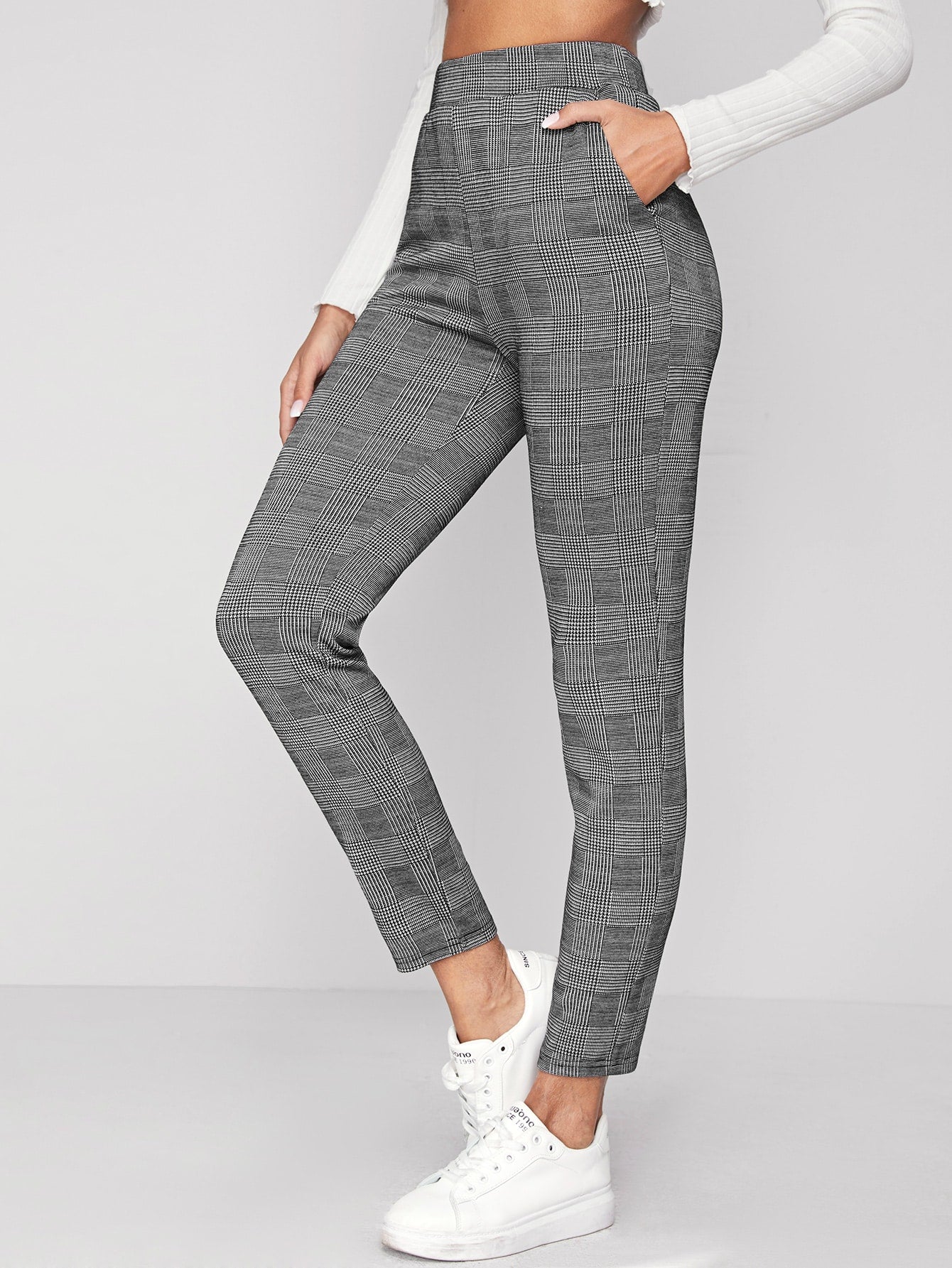 BIZwear Elastic Waist Slant Pocket Plaid Pants Workwear