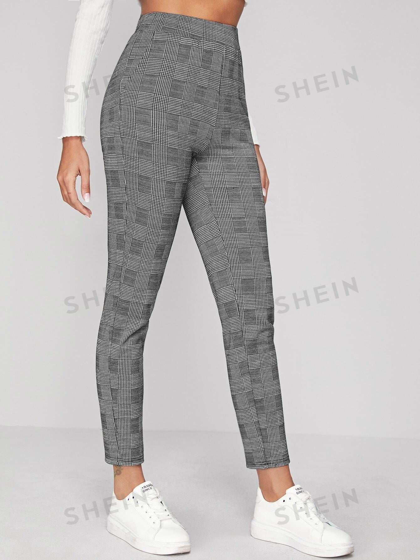 BIZwear Elastic Waist Slant Pocket Plaid Pants Workwear