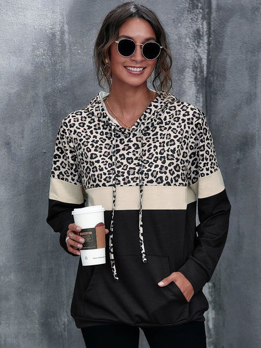 LUNE Kangaroo Pocket Leopard Print Color Block Hoodie