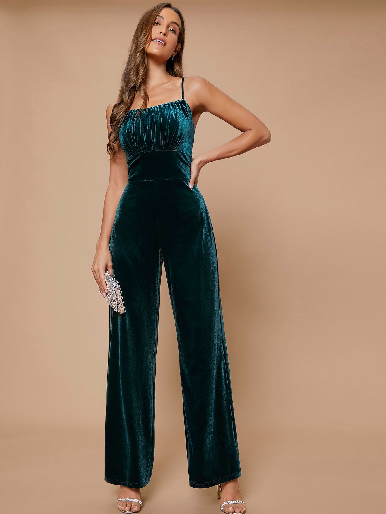 Belle Ruched Bust Velvet Cami Sleeveless Elegant Jumpsuit