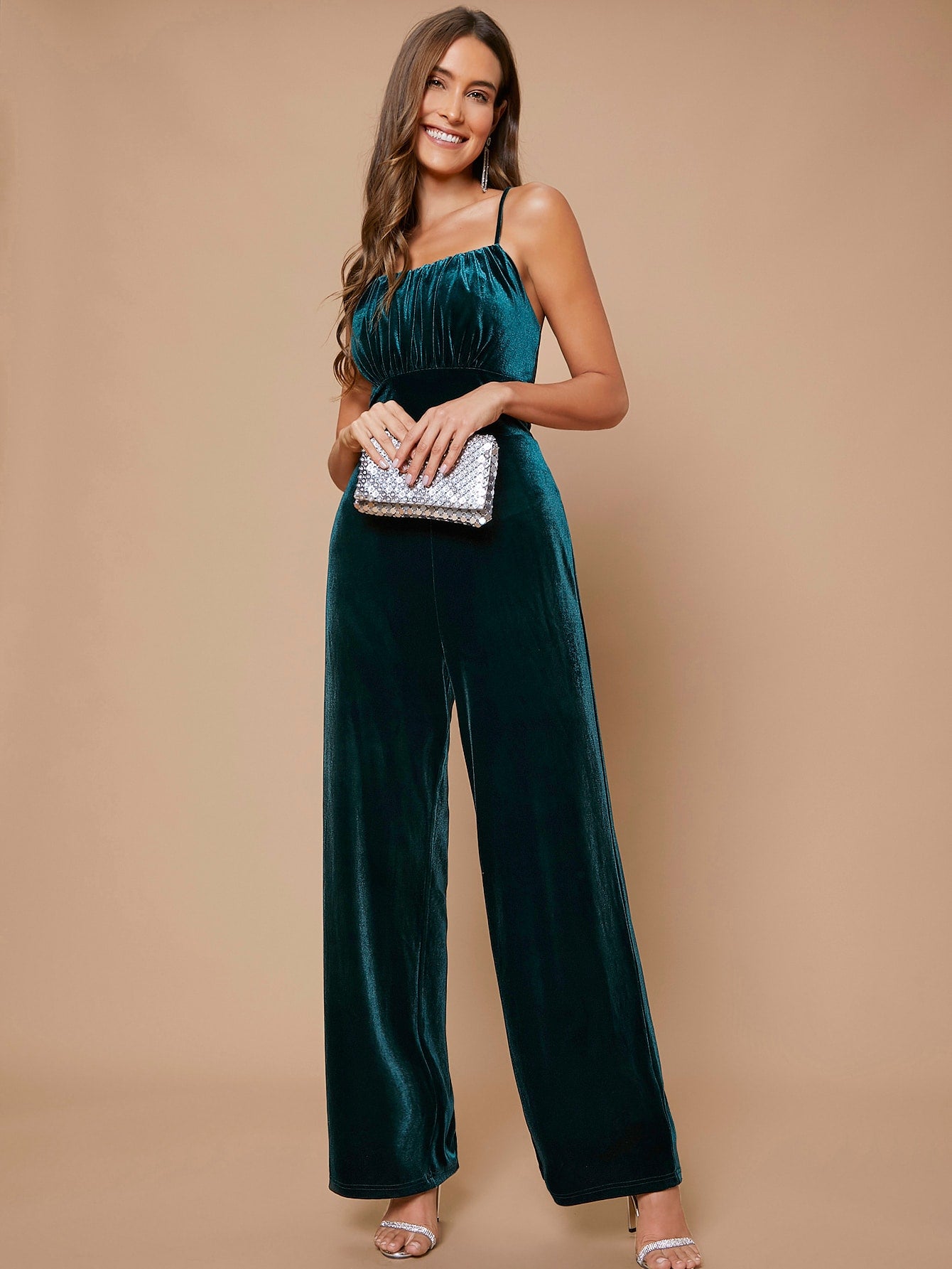 Belle Ruched Bust Velvet Cami Sleeveless Elegant Jumpsuit