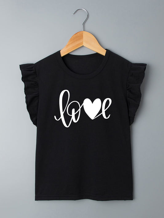 Tween Girl Letter And Heart Print Ruffle Trim Tee