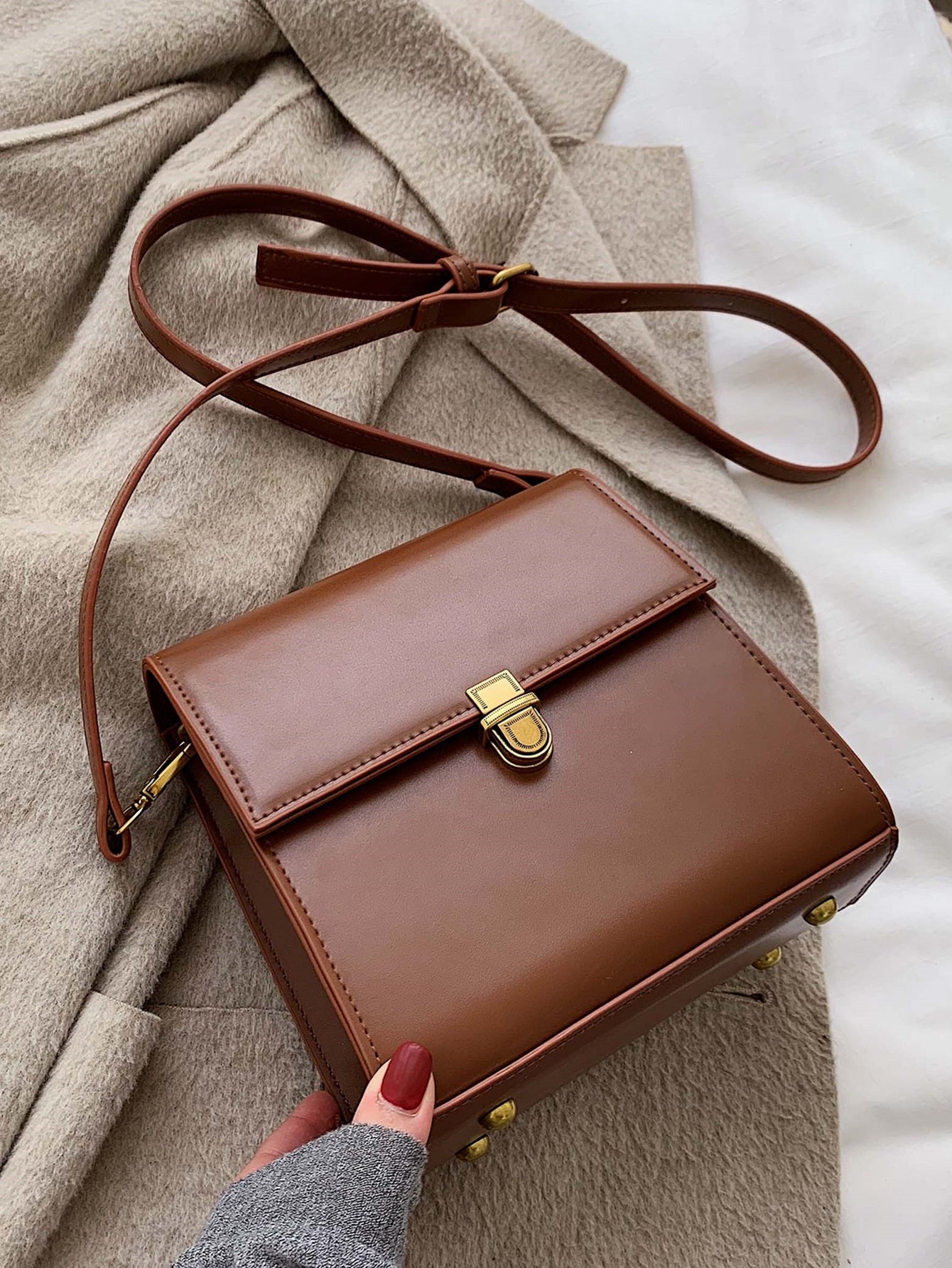 Mini Push Button Flap Square Bag Solid Color Leather Crossbody Bags For Women Shoulder Messenger Bag Lady Handbags Square Female Purses, Burgundy Bag