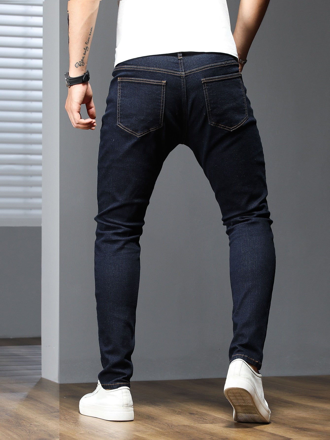 Manfinity Homme Men Cotton Solid Skinny Jeans Plain Dark Blue Slim Fit Long Dark Wash Jeans Washed Cargo Jeans, For Husband, Boyfriend Gifts