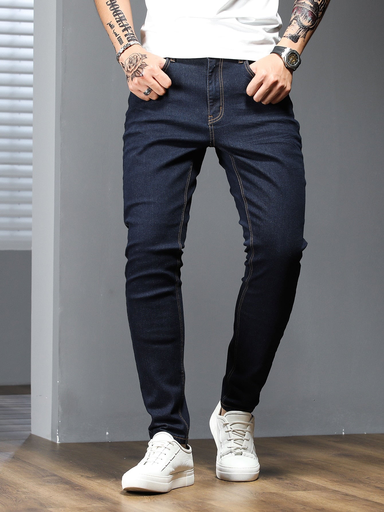 Manfinity Homme Men Cotton Solid Skinny Jeans Plain Dark Blue Slim Fit Long Dark Wash Jeans Washed Cargo Jeans, For Husband, Boyfriend Gifts