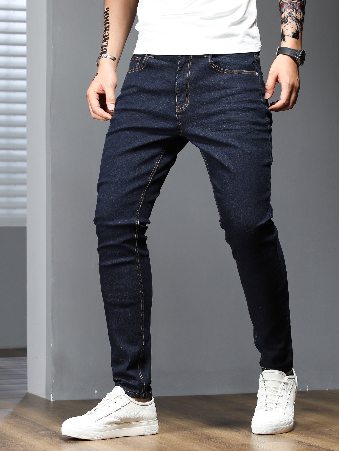 Manfinity Homme Men Cotton Solid Skinny Jeans Plain Dark Blue Slim Fit Long Dark Wash Jeans Washed Cargo Jeans, For Husband, Boyfriend Gifts