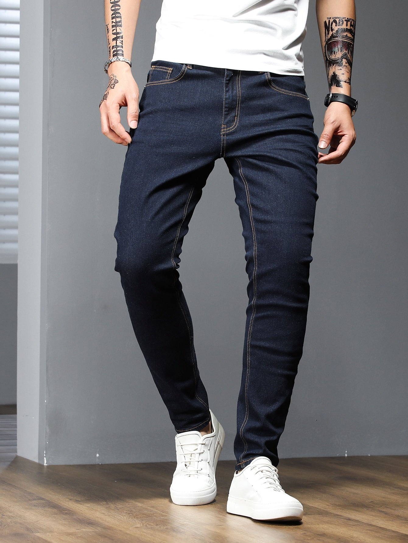 Manfinity Homme Men Cotton Solid Skinny Jeans Plain Dark Blue Slim Fit Long Dark Wash Jeans Washed Cargo Jeans, For Husband, Boyfriend Gifts