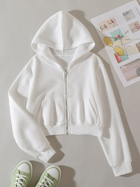 EZwear Solid Zip Up Drop Shoulder Thermal Lined Crop Hoodie