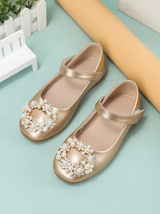 Girls Faux Pearl Decor Metallic Flats