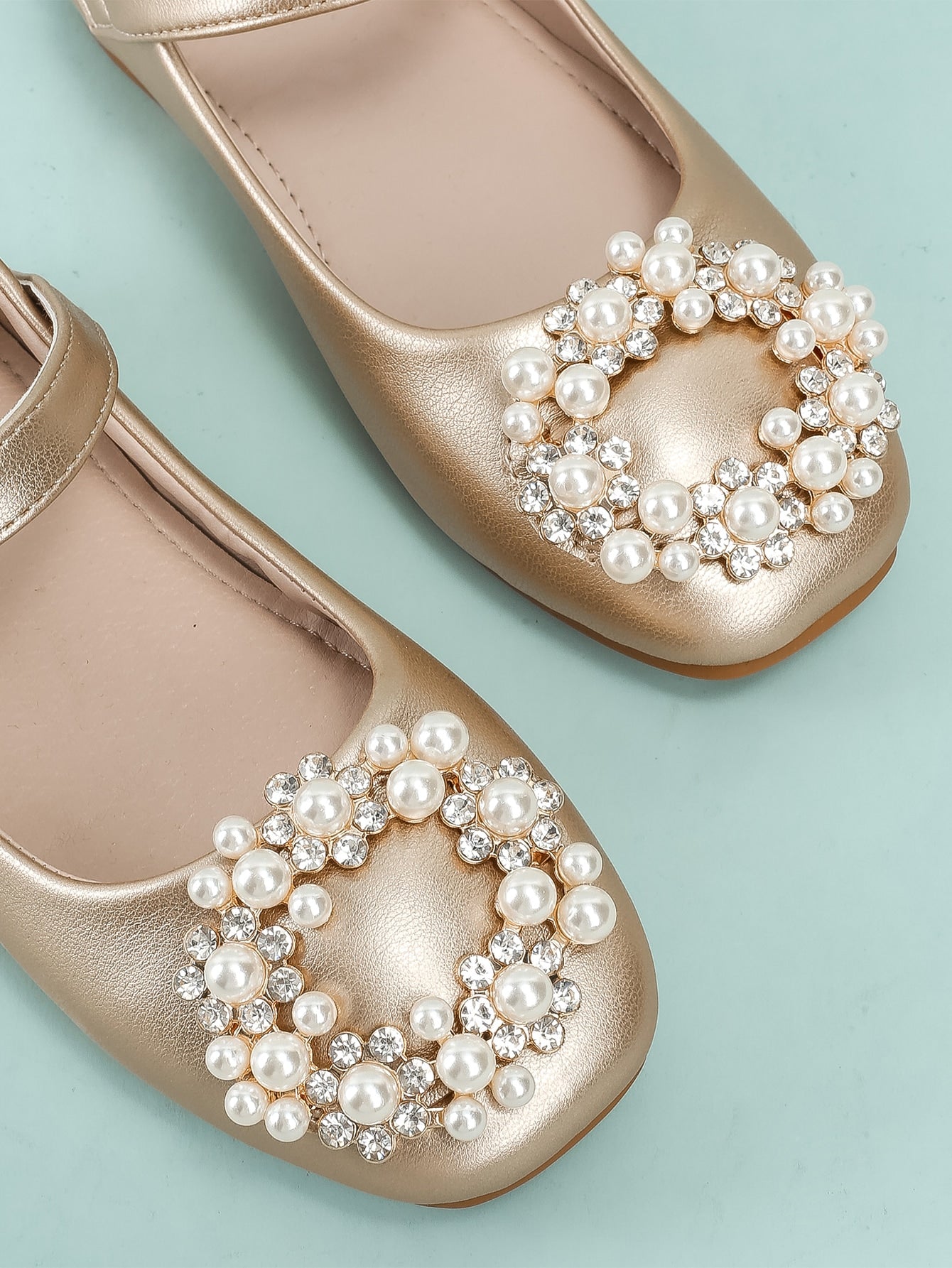 Girls Faux Pearl Decor Metallic Flats