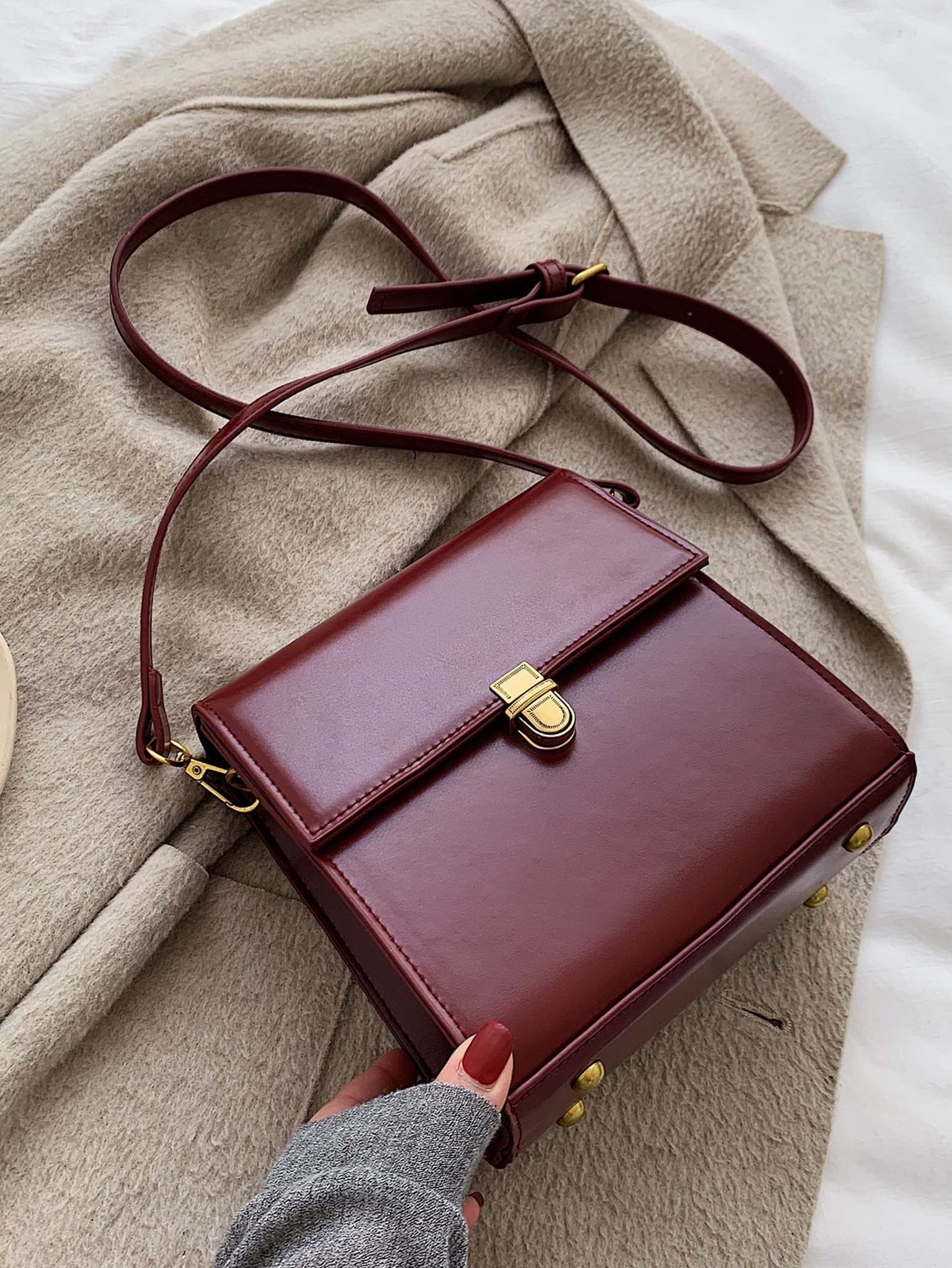 Mini Push Button Flap Square Bag Solid Color Leather Crossbody Bags For Women Shoulder Messenger Bag Lady Handbags Square Female Purses, Burgundy Bag