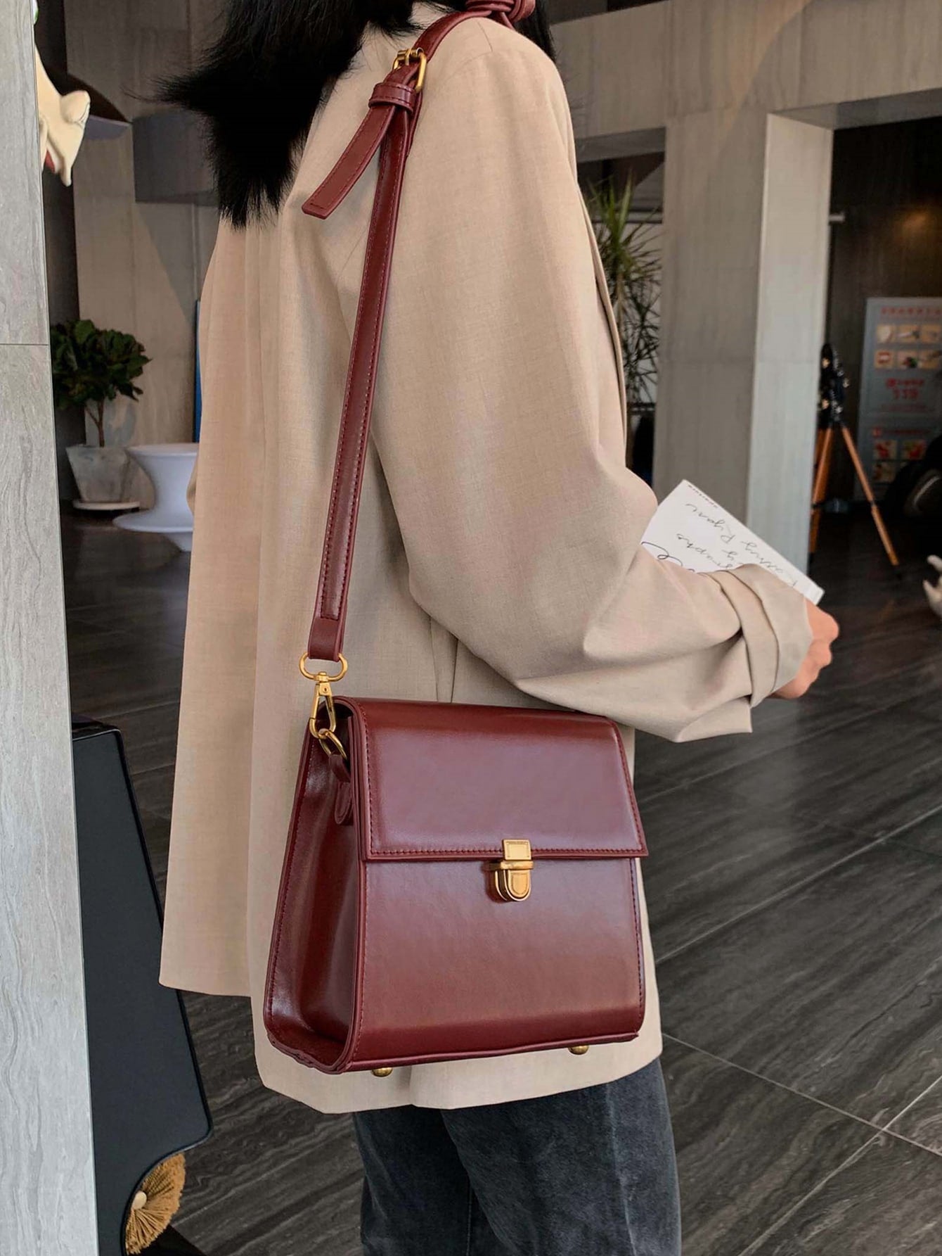 Mini Push Button Flap Square Bag Solid Color Leather Crossbody Bags For Women Shoulder Messenger Bag Lady Handbags Square Female Purses, Burgundy Bag