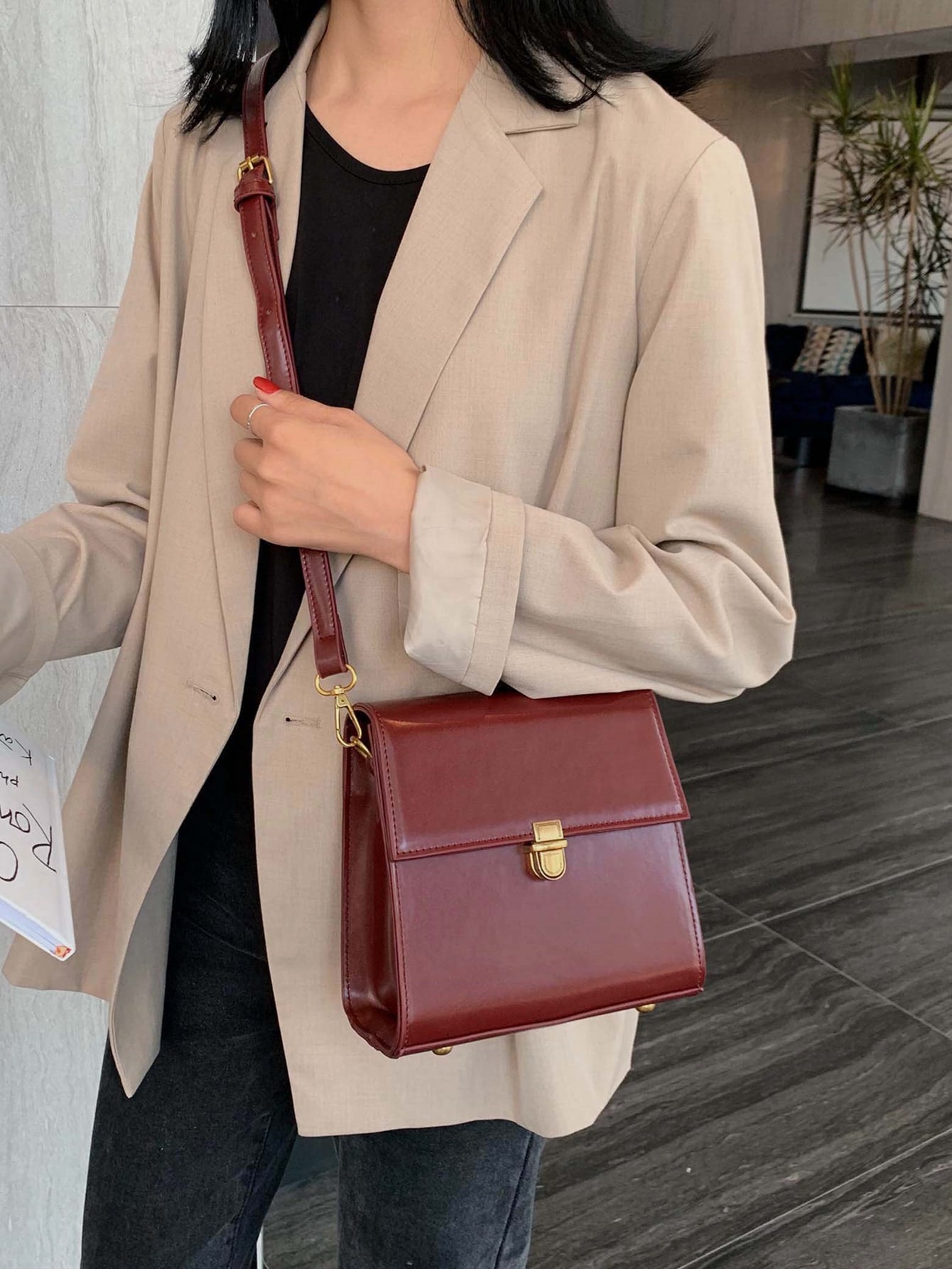 Mini Push Button Flap Square Bag Solid Color Leather Crossbody Bags For Women Shoulder Messenger Bag Lady Handbags Square Female Purses, Burgundy Bag