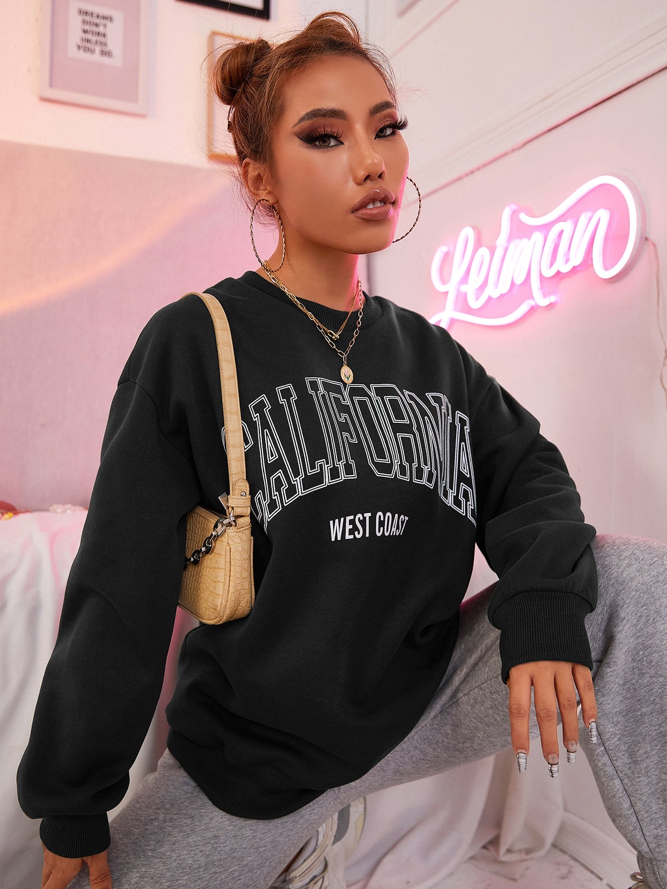 MOOSTA Letter Graphic Drop Shoulder Sweatshirt,Long Sleeve Tops