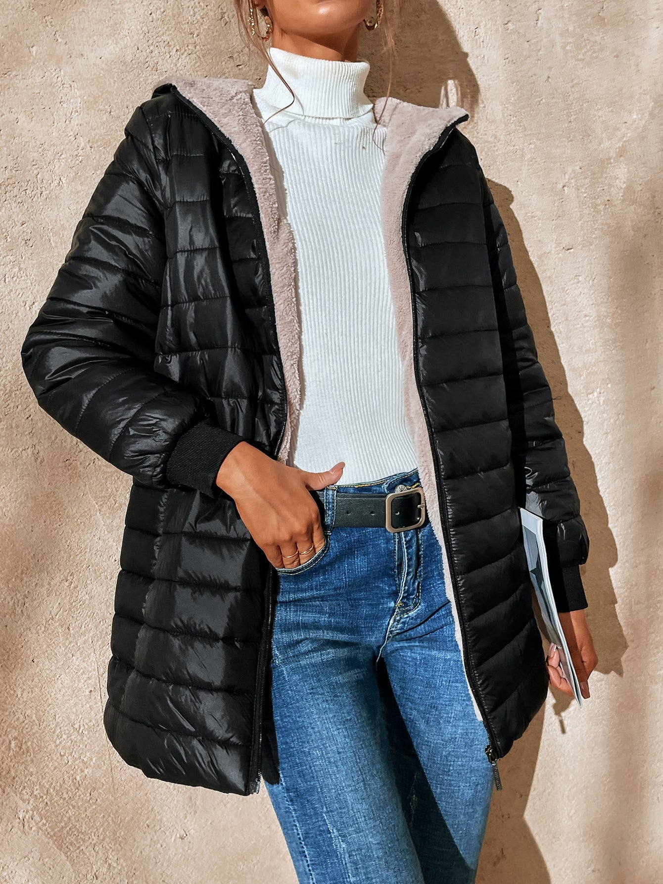 Aveloria Modichic Casual Versatile Solid Color Fleece Hooded Padded Padded Coat, Winter Clothes