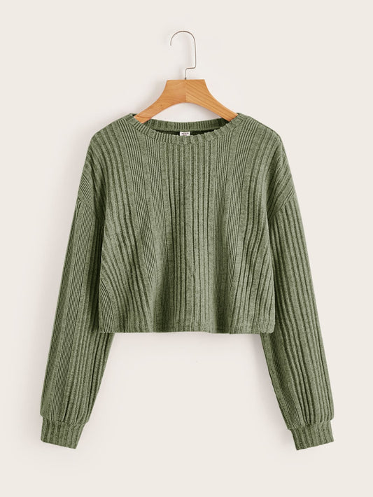 Leisure Long-Sleeved Teen Girl's Drop-Shoulder Knitted T-Shirt In Ribbed Texture