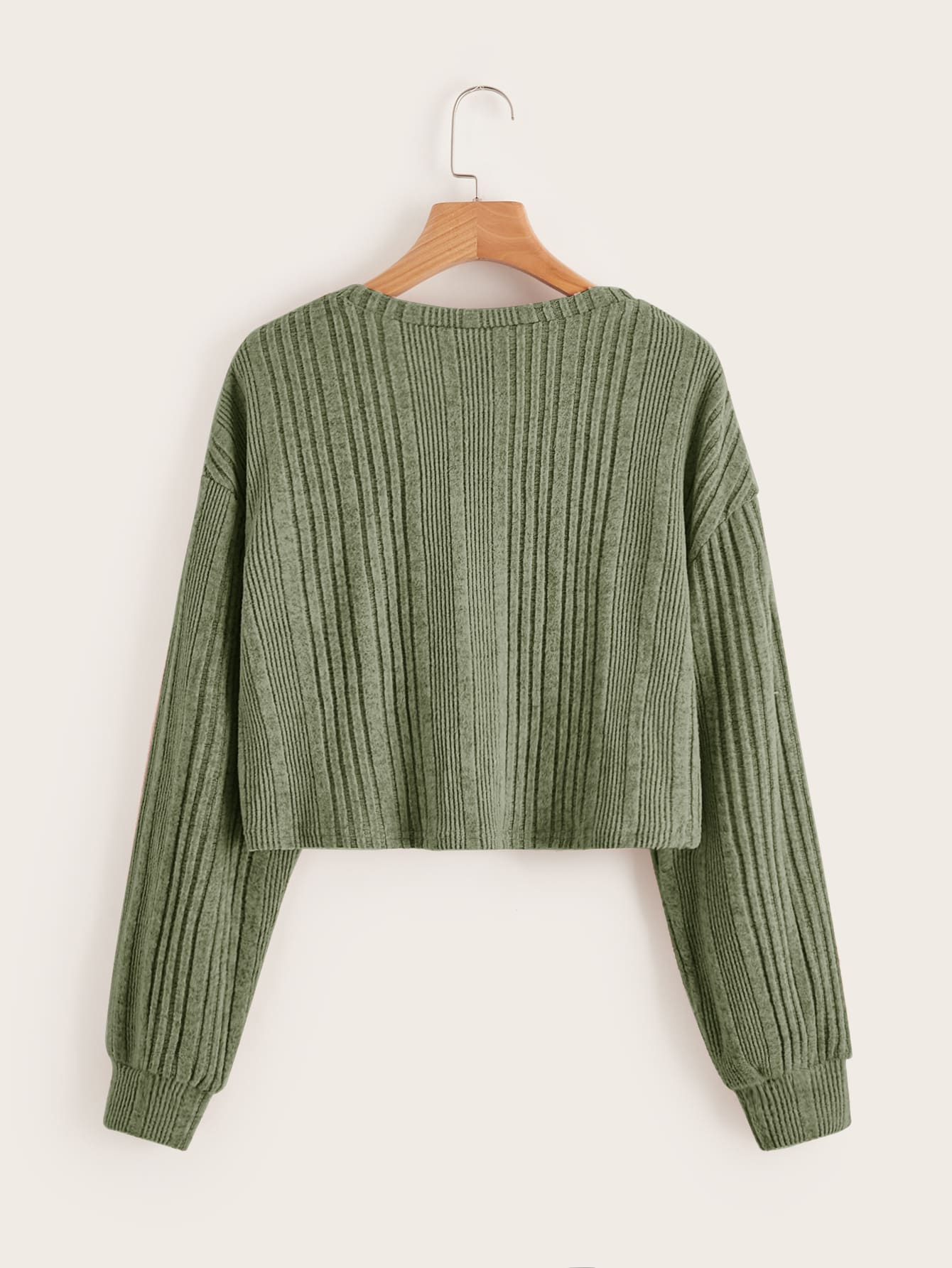 Leisure Long-Sleeved Teen Girl's Drop-Shoulder Knitted T-Shirt In Ribbed Texture