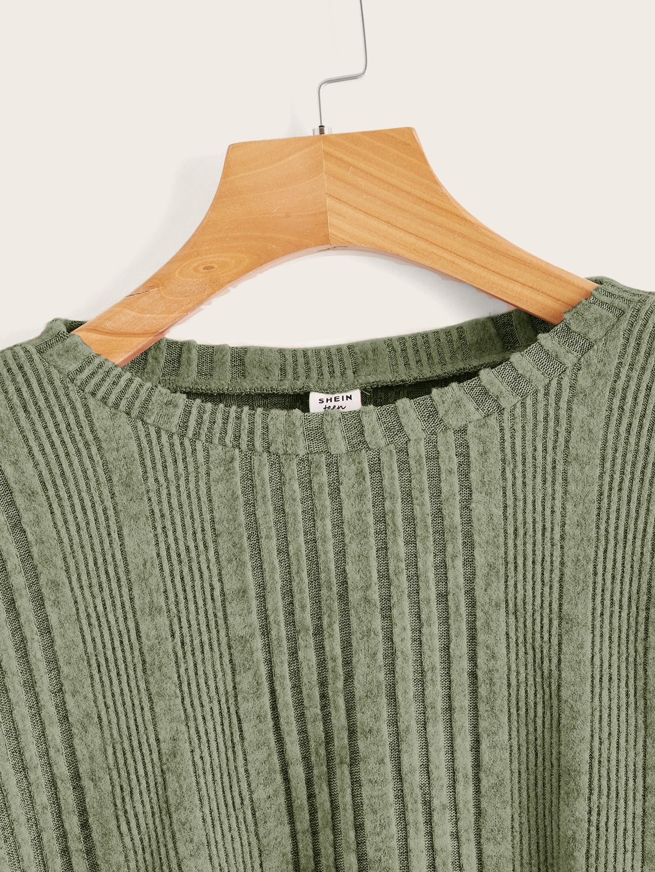 Leisure Long-Sleeved Teen Girl's Drop-Shoulder Knitted T-Shirt In Ribbed Texture