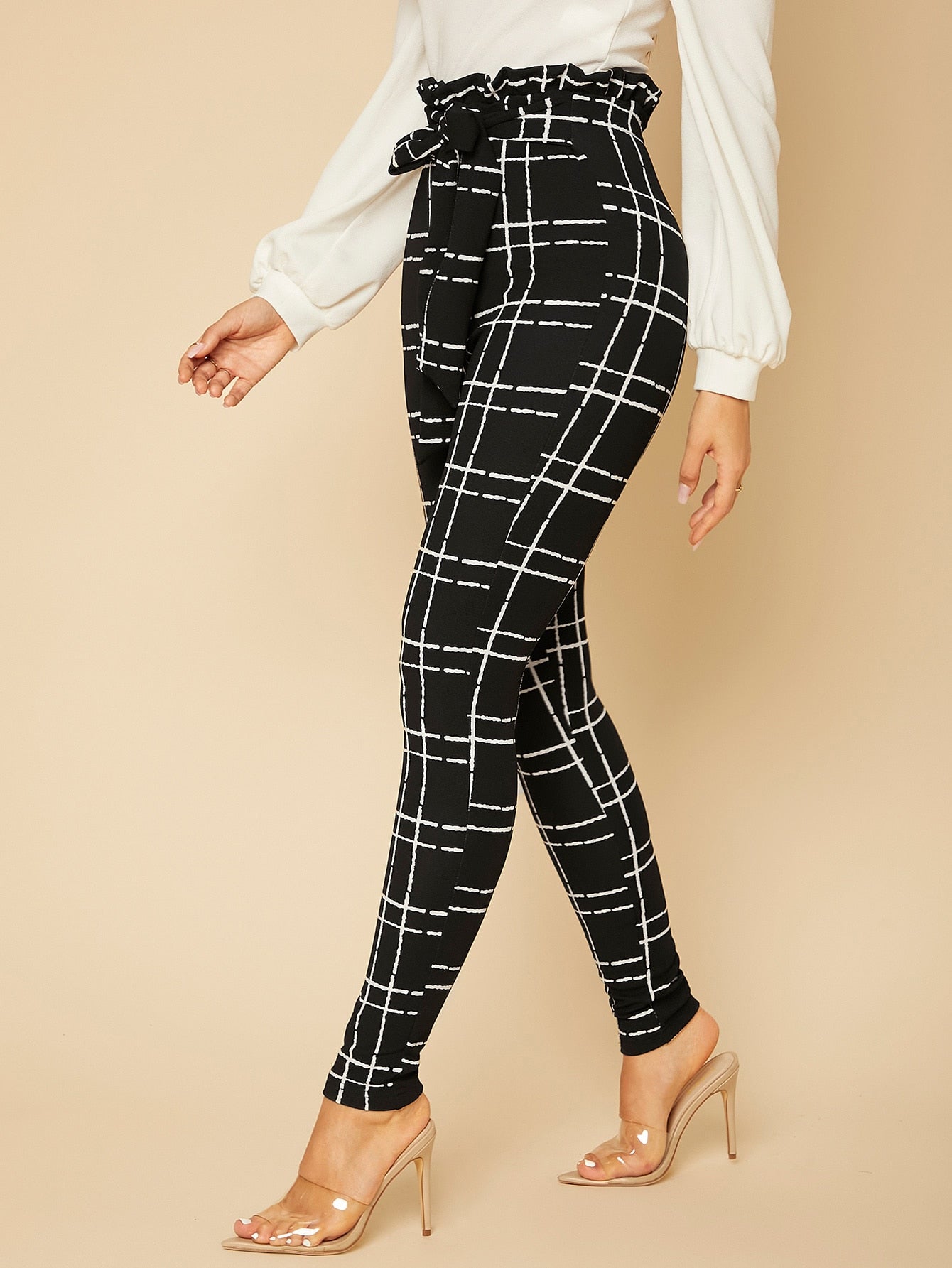 Tall Plaid Paper Bag Waist Skinny Pants