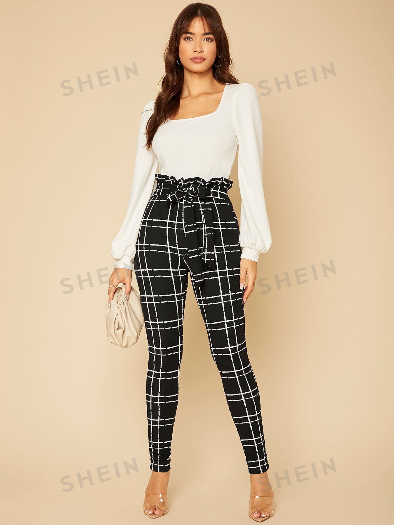 Tall Plaid Paper Bag Waist Skinny Pants