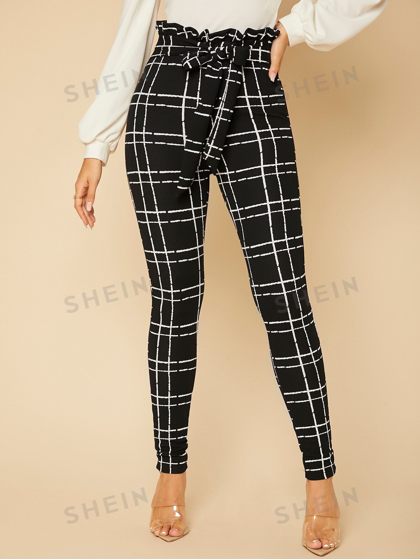 Tall Plaid Paper Bag Waist Skinny Pants