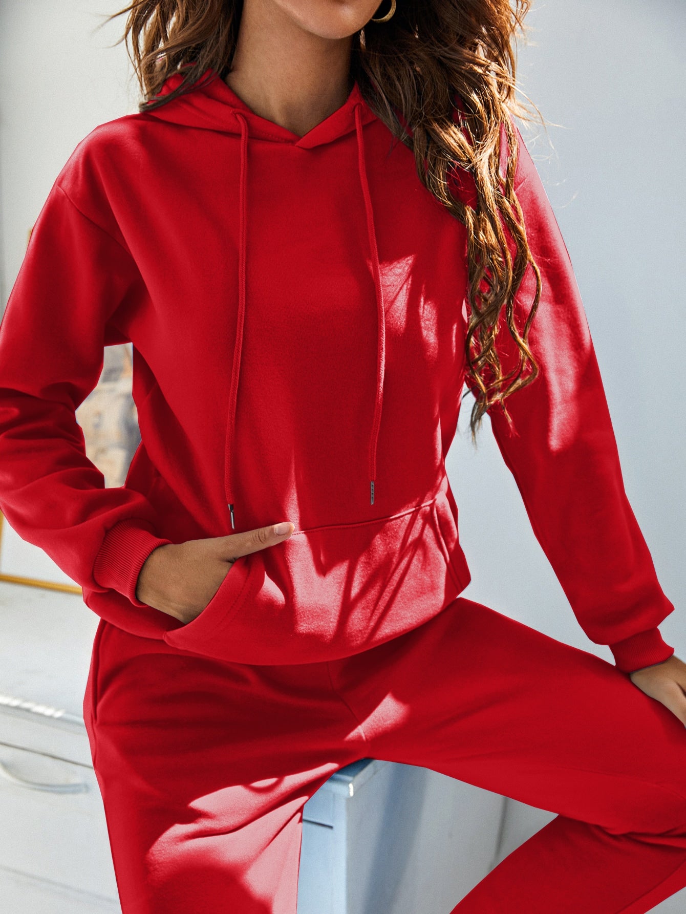 INAWLY Women's Hooded Drawstring Sweatshirt And Sweatpants Set