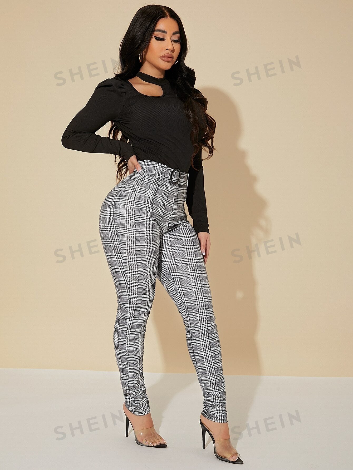 SXY Sexy High Waist Glen Plaid Belted Pants