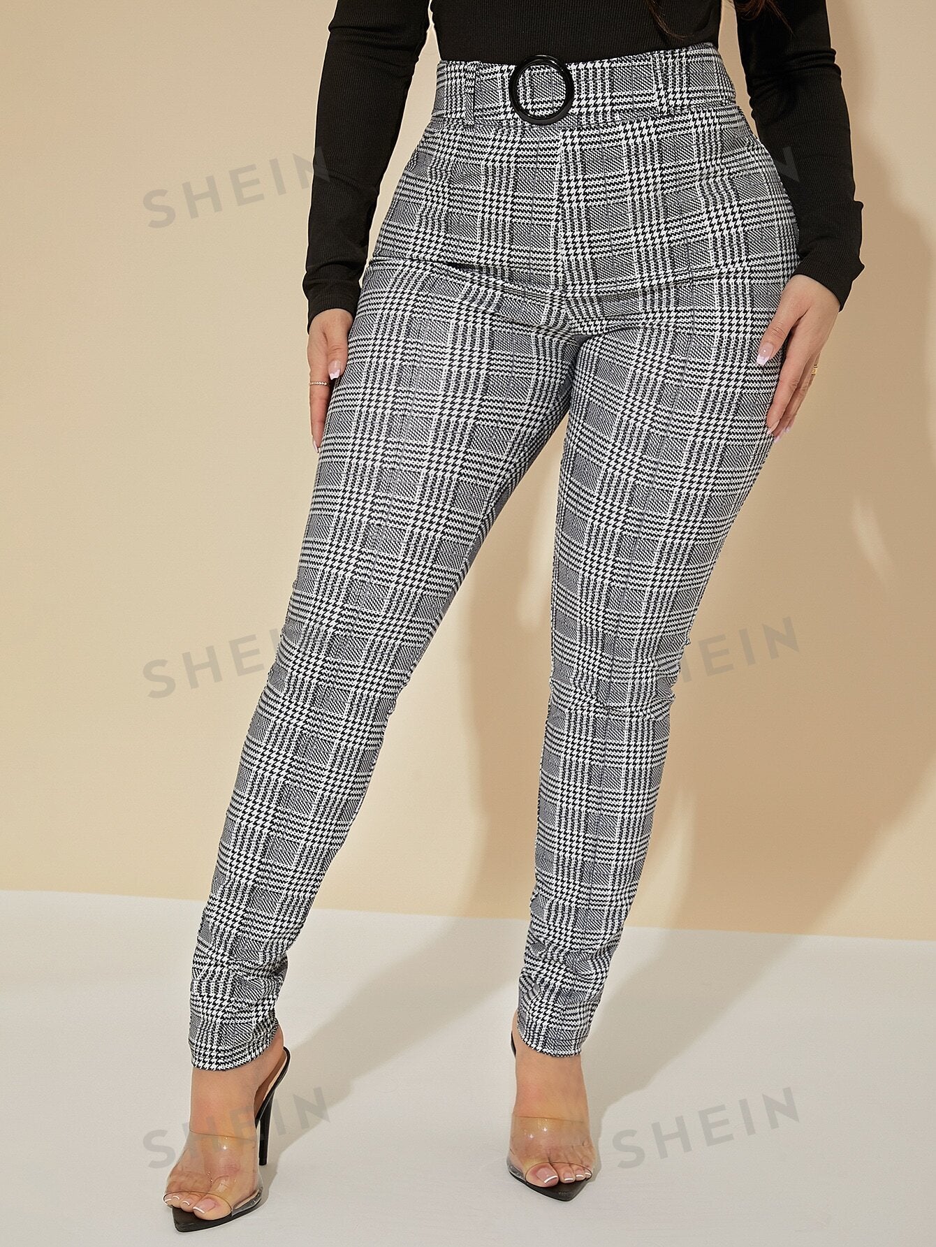 SXY Sexy High Waist Glen Plaid Belted Pants