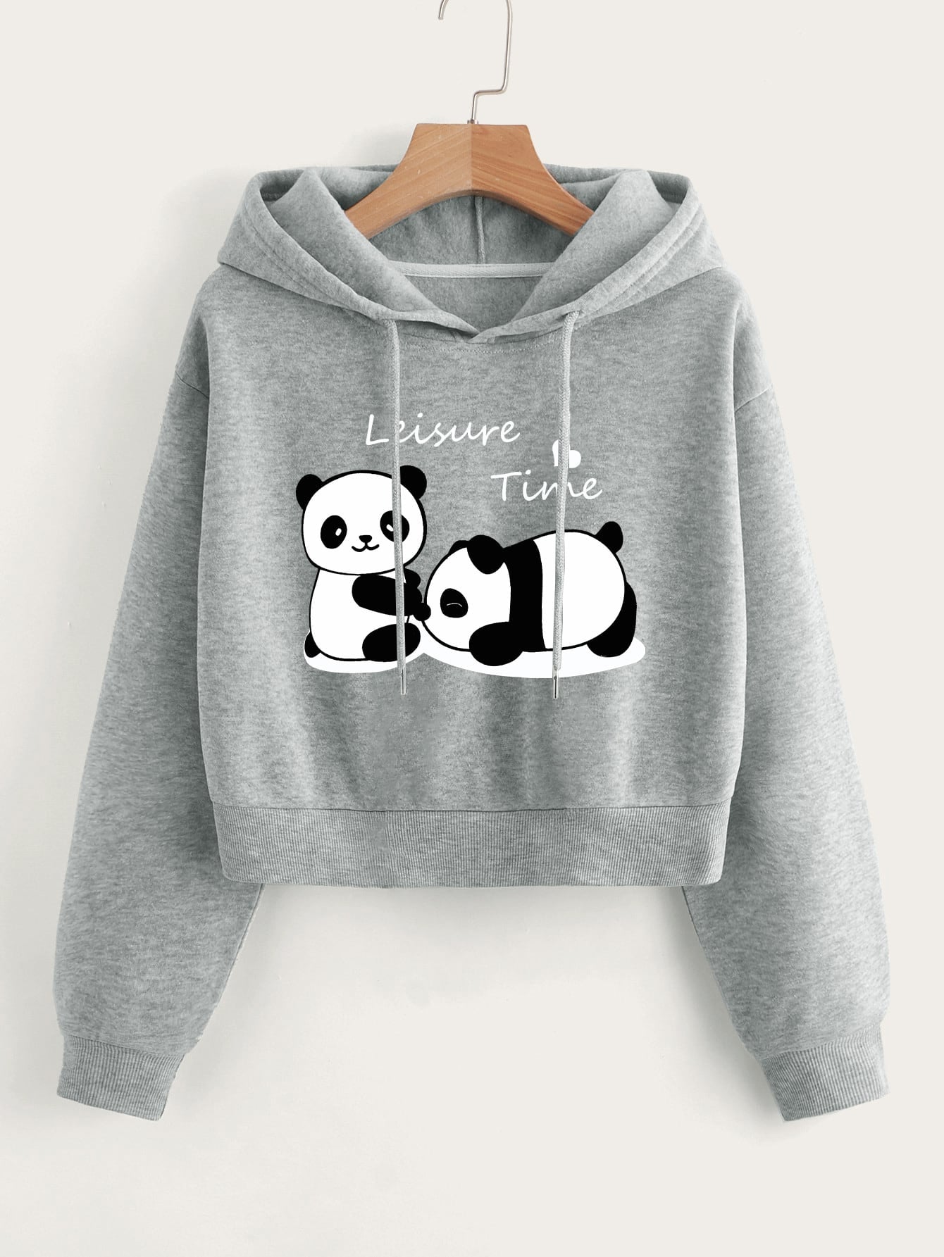 EZwear Panda Printed Drawstring Hooded Fleece Short Sweatshirt,Long Sleeve Tops