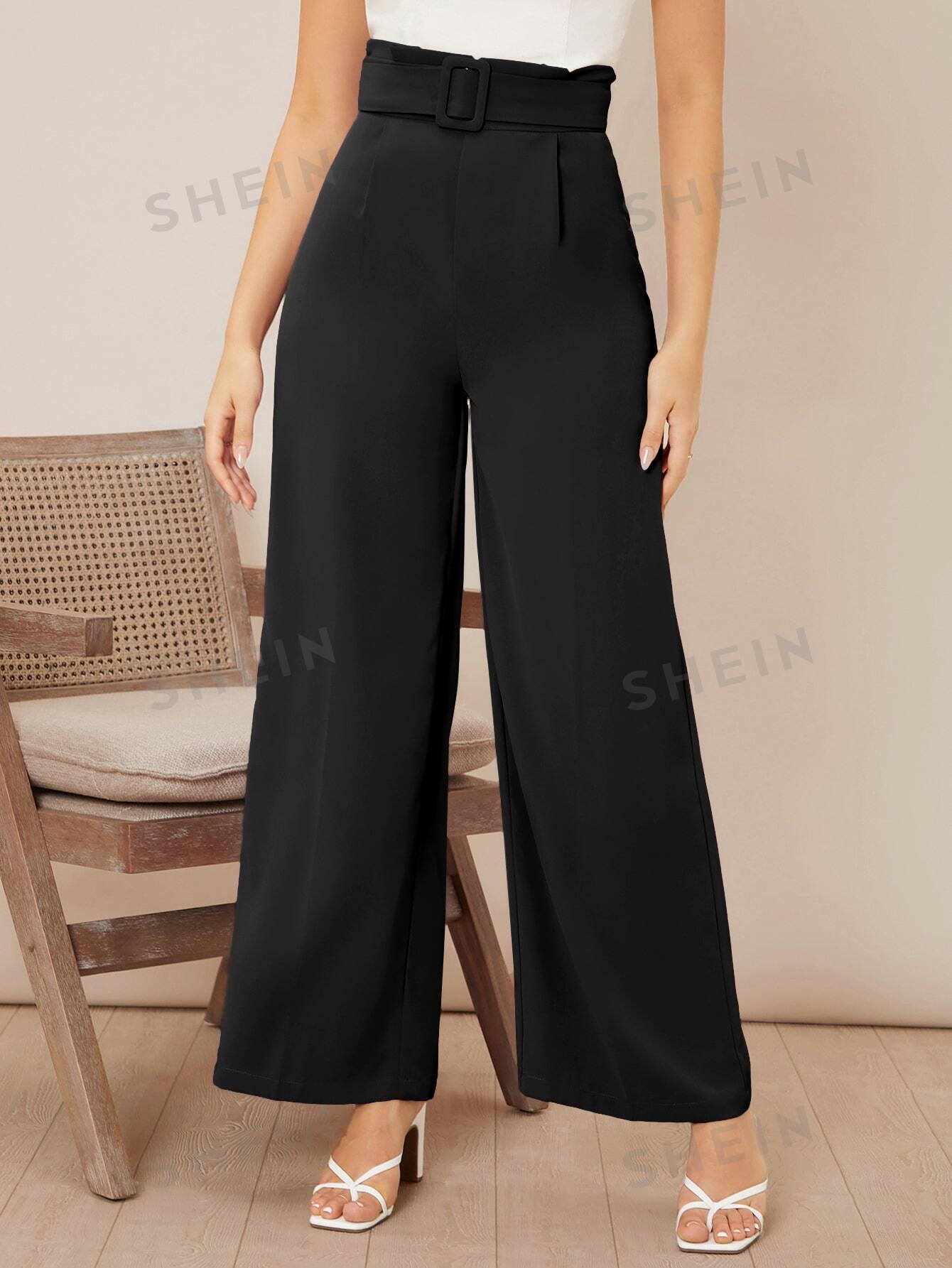 Privé Women Commuting Solid High Waist Belted Wide Leg Pants