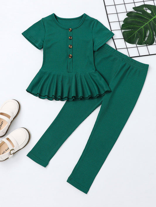 Young Girl Rib Knit Fake Button Peplum Tee