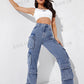 EZwear High Waisted Flap Pocket Cargo Jeans