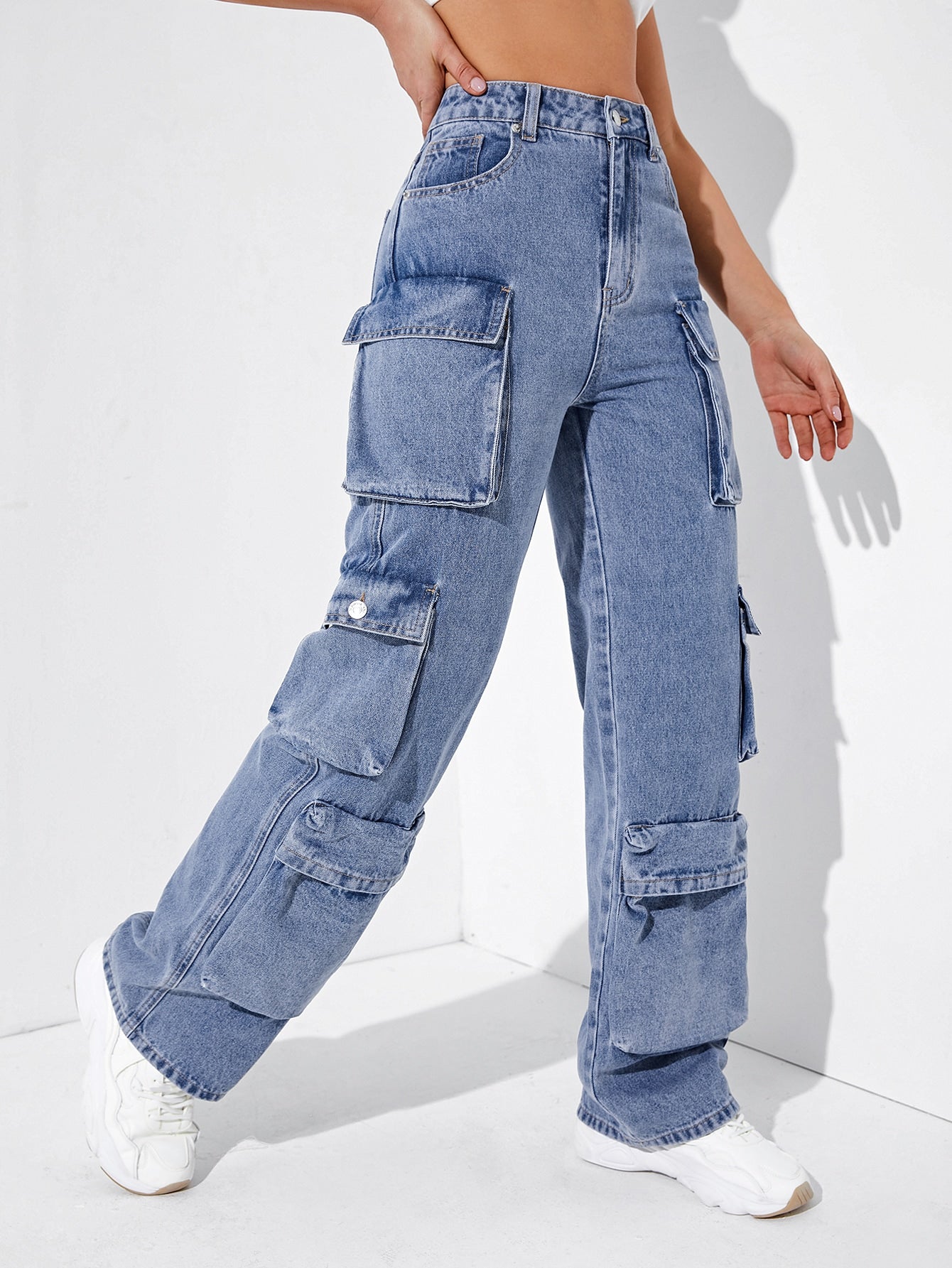 EZwear High Waisted Flap Pocket Cargo Jeans