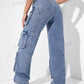 EZwear High Waisted Flap Pocket Cargo Jeans