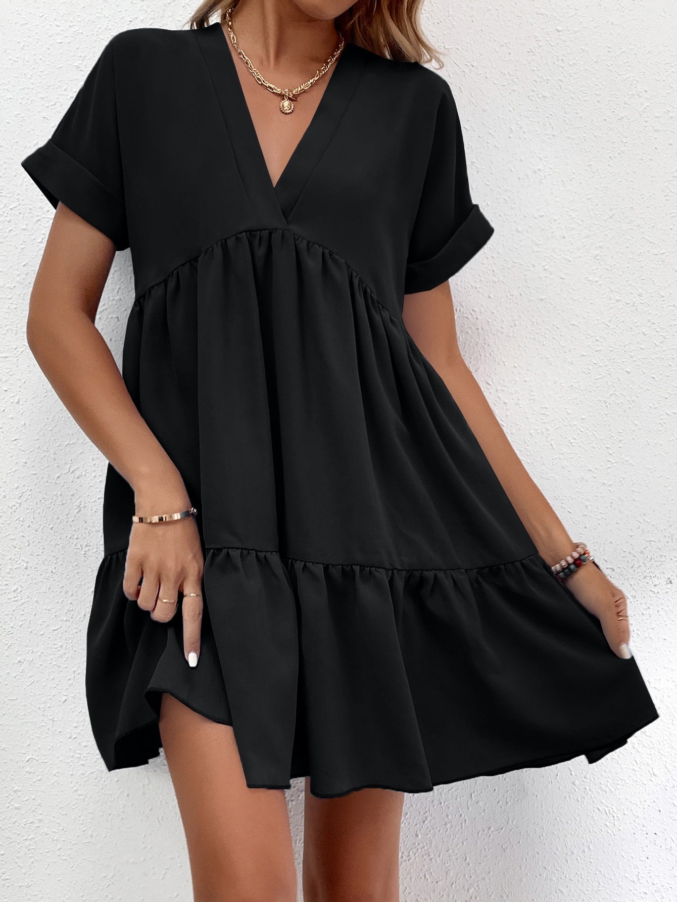 LUNE Roll Cuff Ruffle Hem Solid Dress