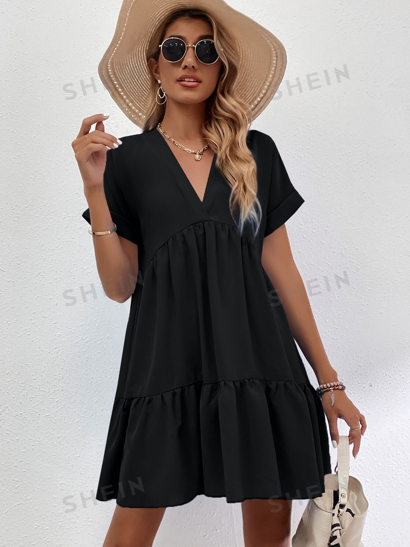 LUNE Roll Cuff Ruffle Hem Solid Dress