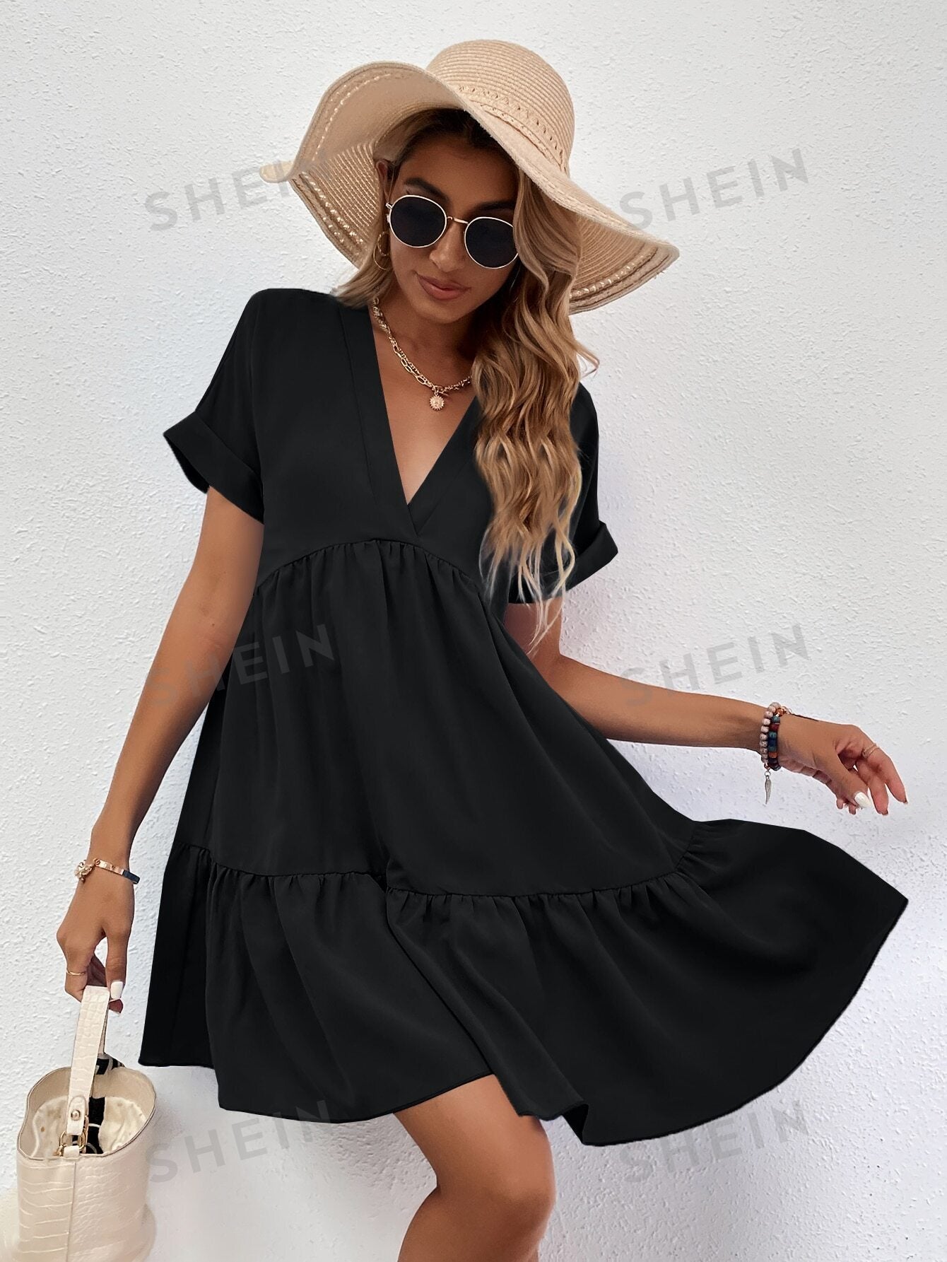 LUNE Roll Cuff Ruffle Hem Solid Dress