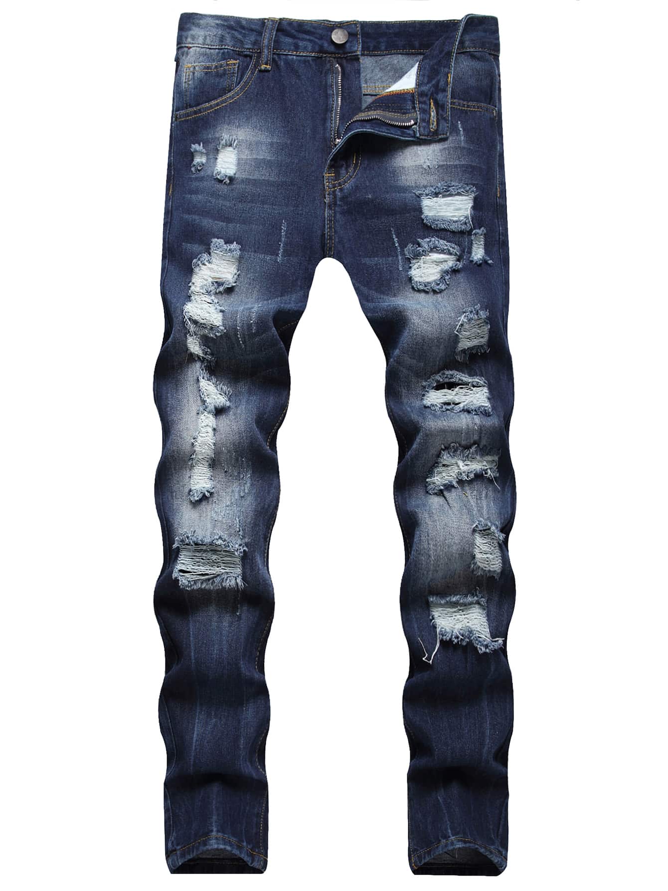 Men Ripped Frayed Bleach Wash Jeans