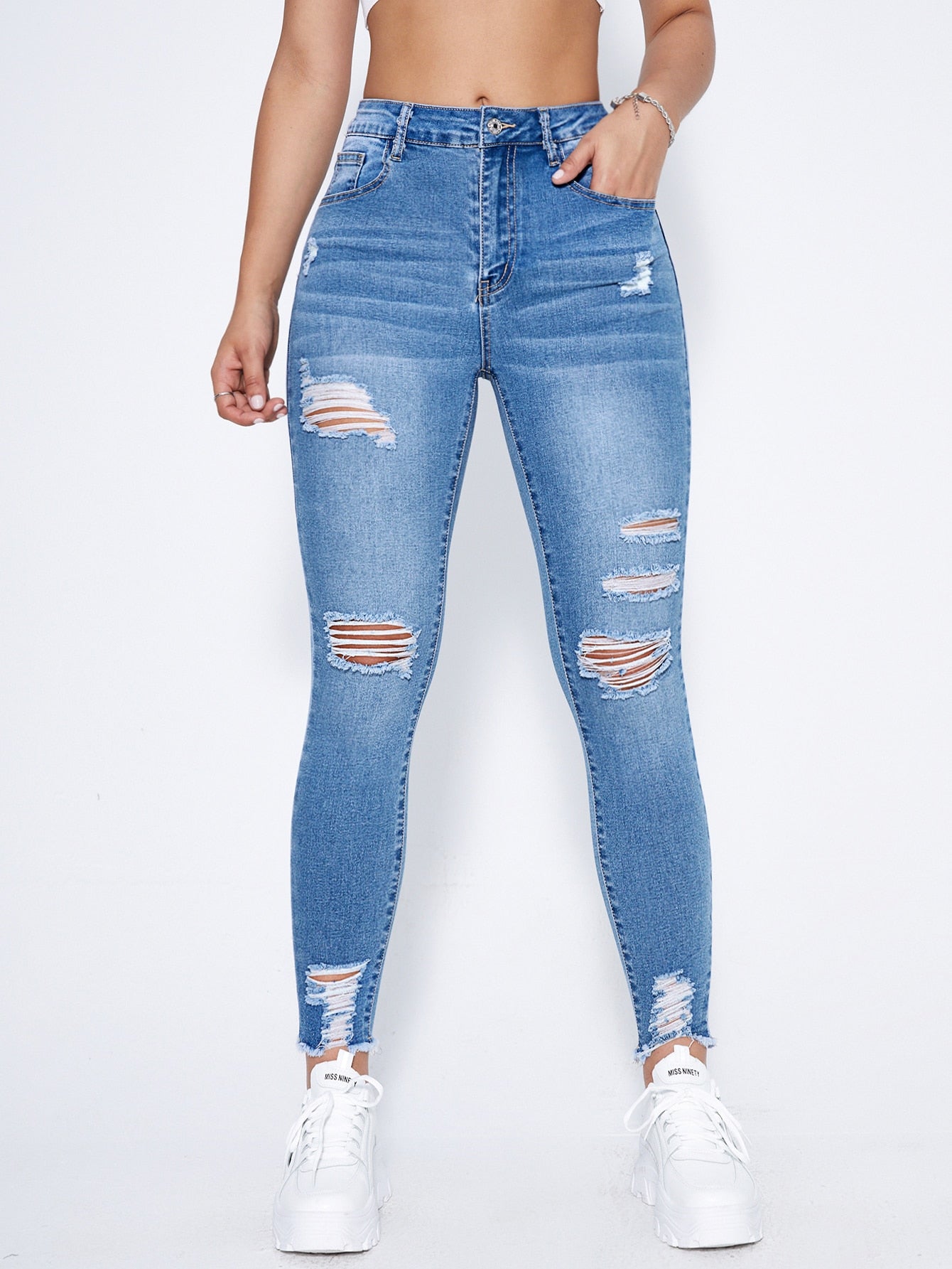 Essnce High Waist Ripped Moustache Effect Skinny Jeans